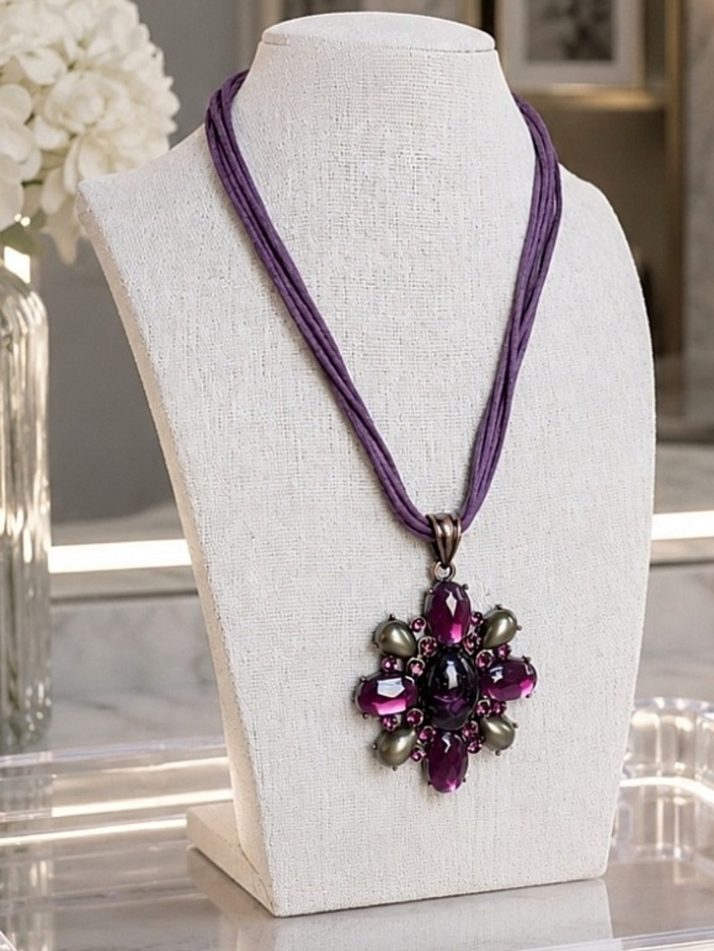 Purple Lucite Cabochon And Rhinestone Oxidized Brass Hardware Statement Necklace